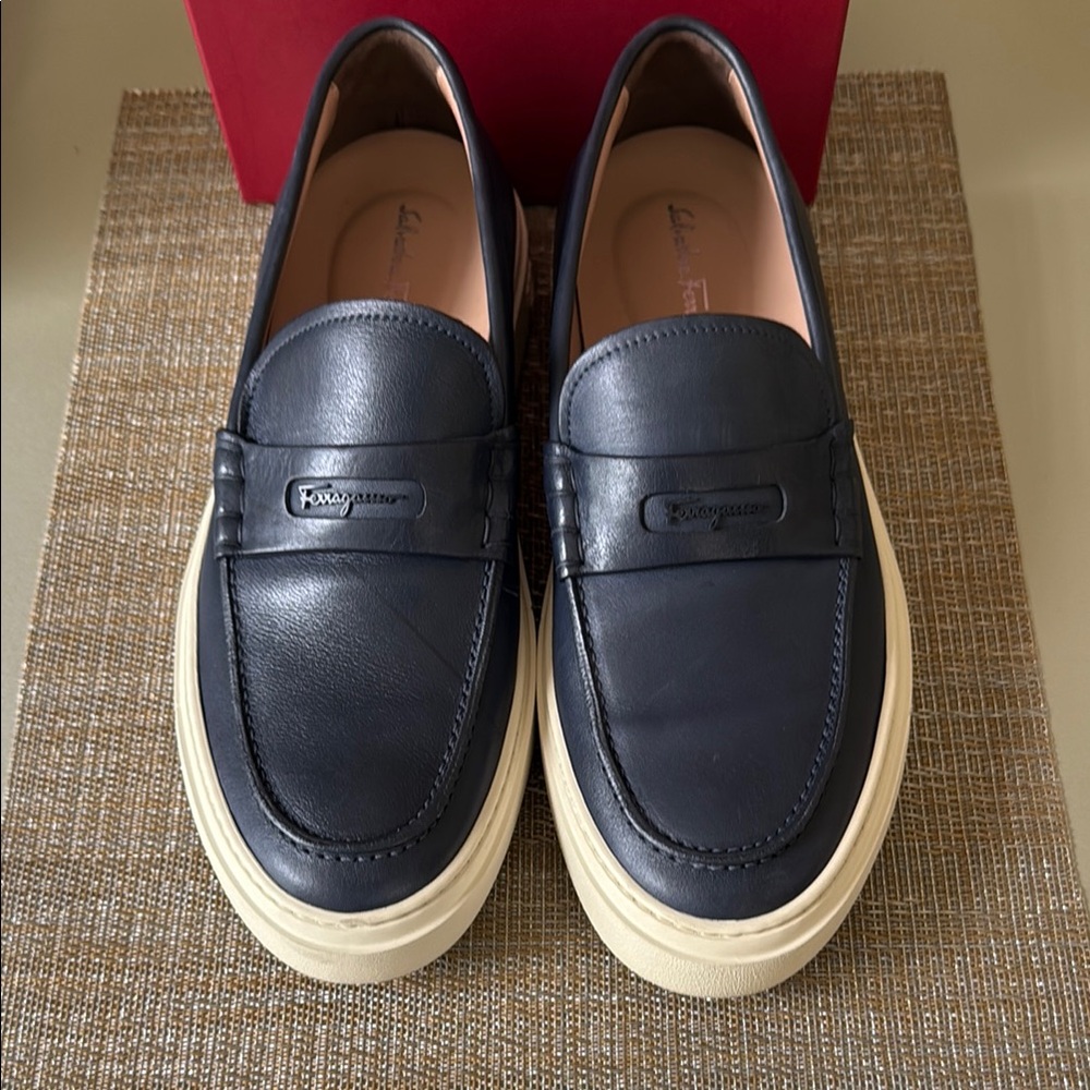Salvatore Ferragamo Black and Cream Loafers with Platform Sole